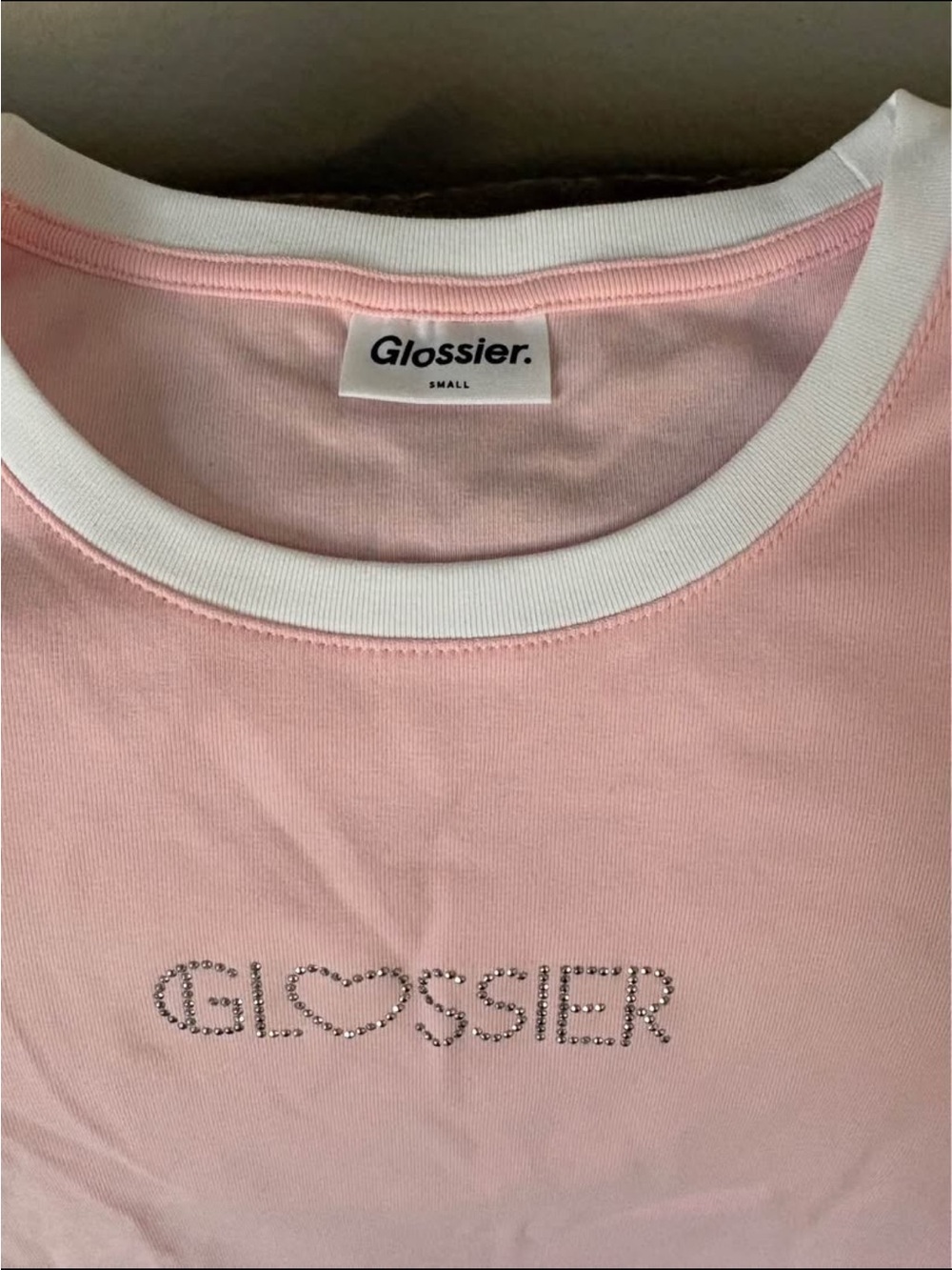 Glossier Pink and White Rhinestone Logo Tee